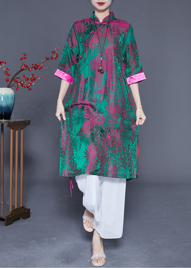 Peacock Green Print Side Open Silk Dress Summer