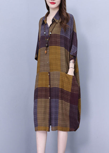 Peter Pan Collar Plaid Long Shirt Dress Summer