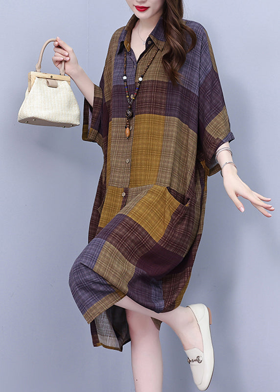 Peter Pan Collar Plaid Long Shirt Dress Summer
