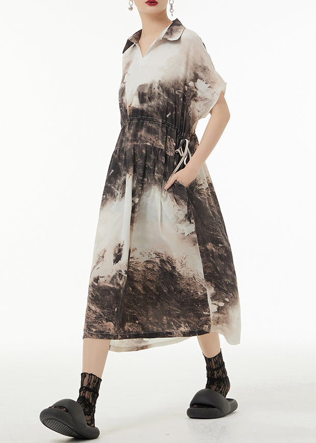 Peter Pan Collar Tie Dyetie Waist Patchwork Silk Long Dresses Summer