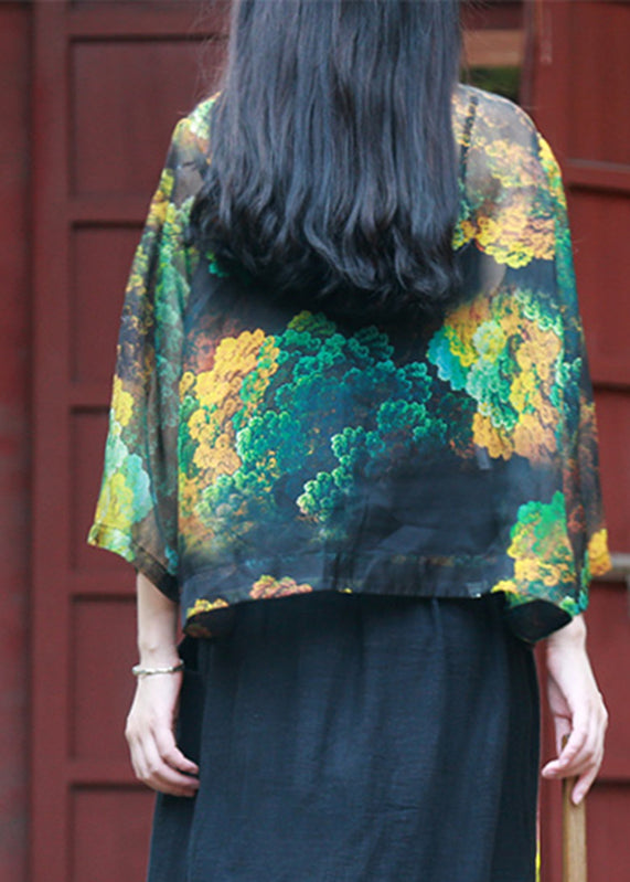 Photo Color Stand Collar Print Button Tulle Shirt Bracelet Sleeve