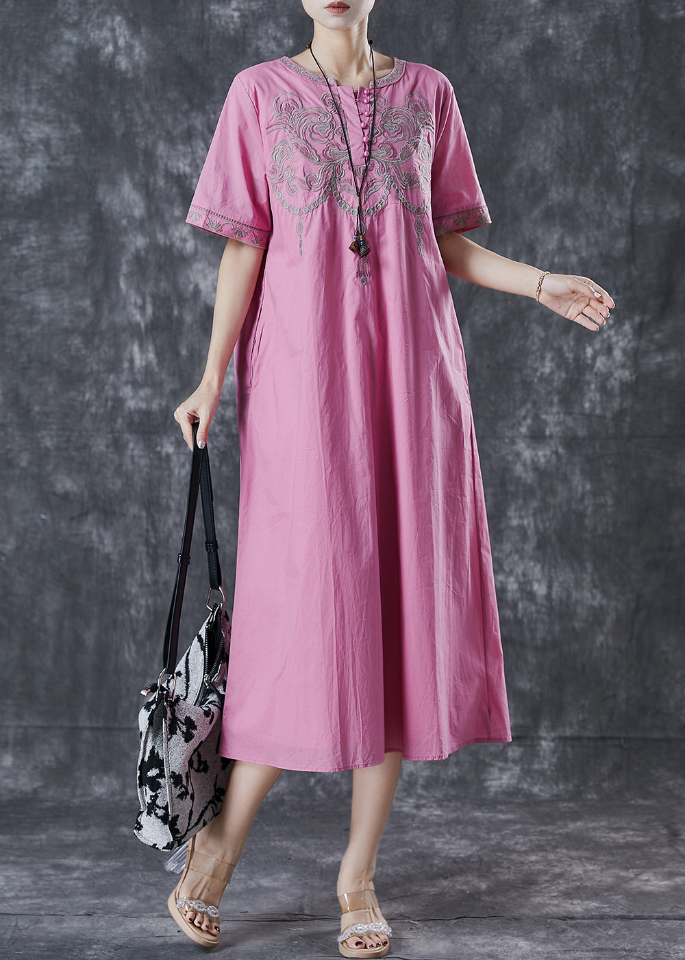Pink Embroidered Cotton Long Dress Summer