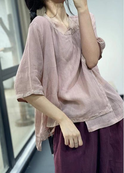 Pink Embroidered Linen Blouses Summer
