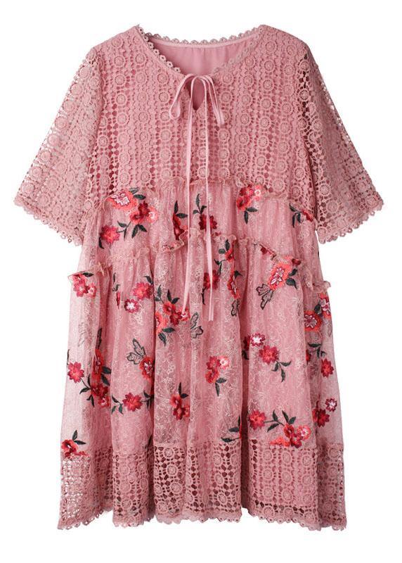 Pink Hollow Out Embroideried Summer Mid Dress Half Sleeve