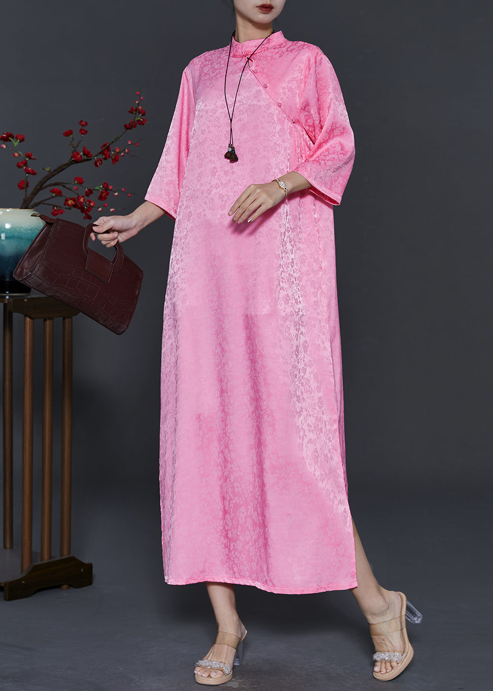 Pink Mandarin Collar Print Silk Robe Dresses Bracelet Sleeve