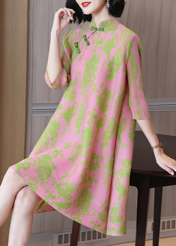 Pink Mandarin Collar Wrinkled Silk Oriental Dresses Half Sleeve