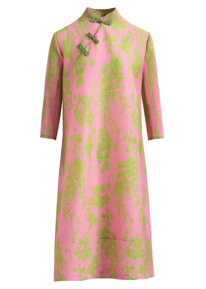 Pink Mandarin Collar Wrinkled Silk Oriental Dresses Half Sleeve