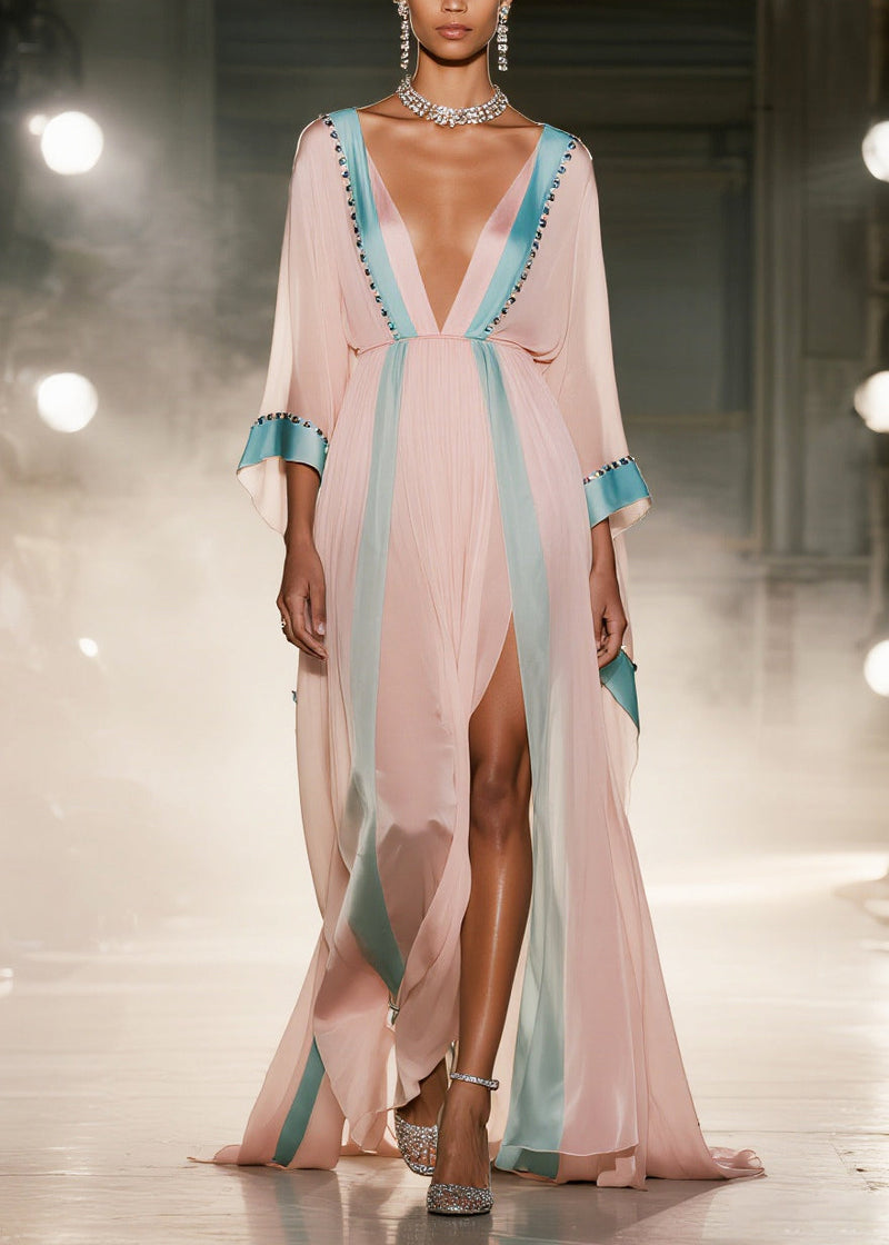 Pink Patchwork Side Open Chiffon Maxi Dress Summer