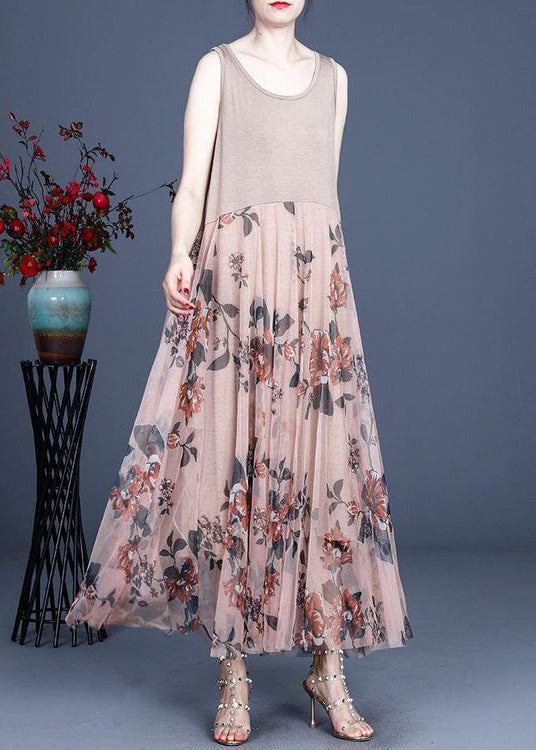 Pink Print Lace Dress O-neck Sleeveless Summer Dresses
