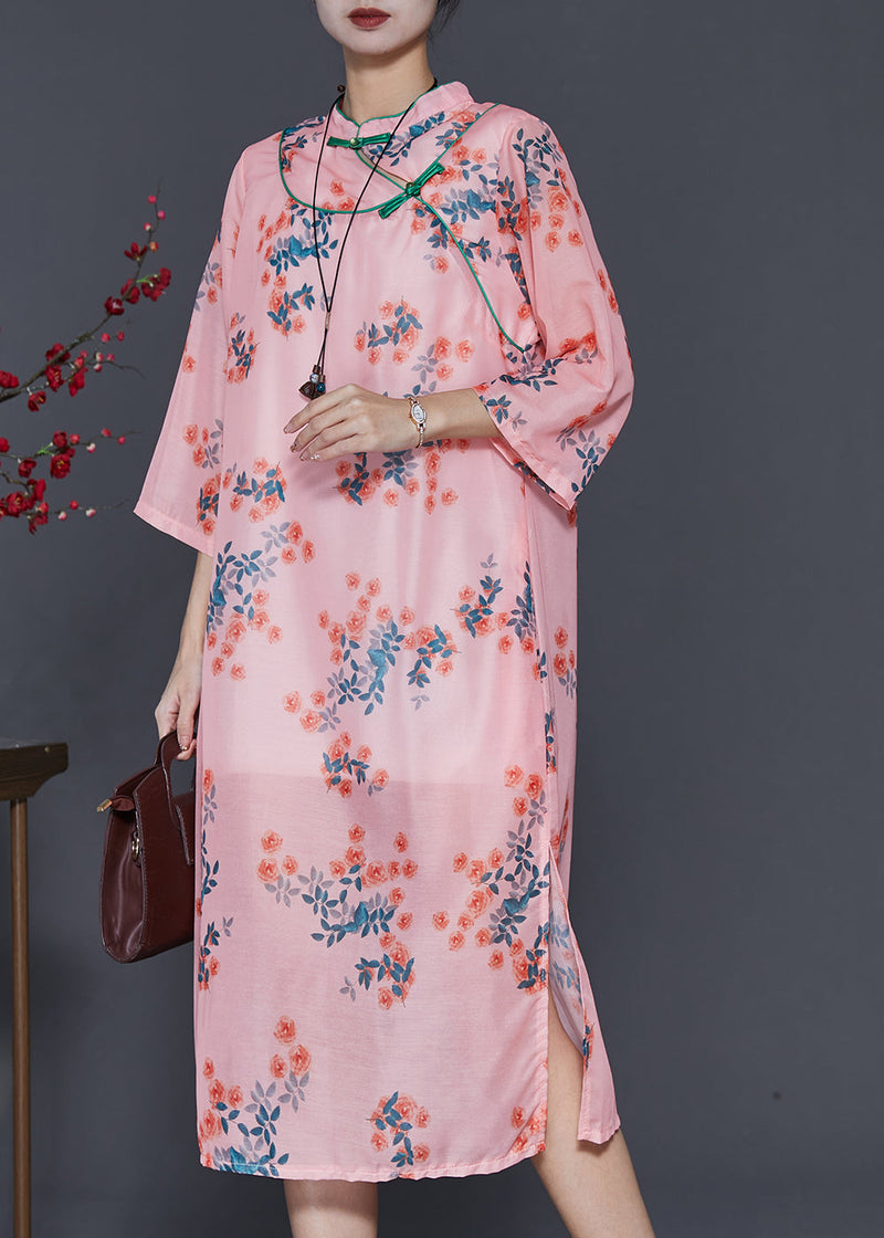 Pink Print Oriental Linen Holiday Dress Summer
