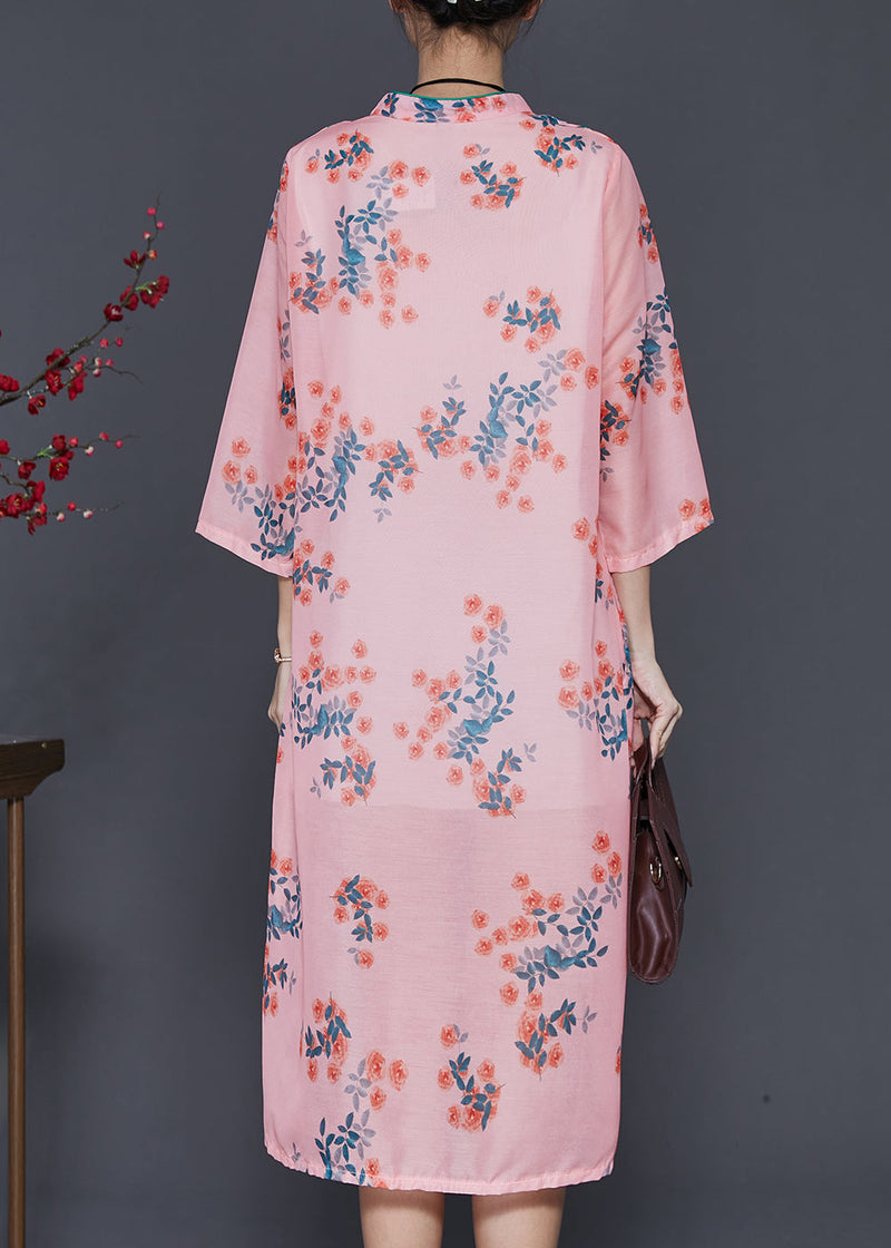 Pink Print Oriental Linen Holiday Dress Summer