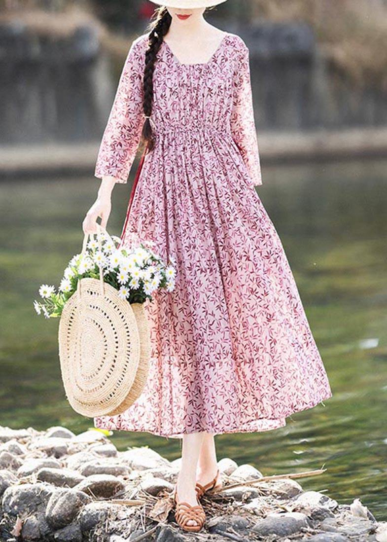 Pink Purple Print Cinched Cotton Pockets Summer Long Dresses