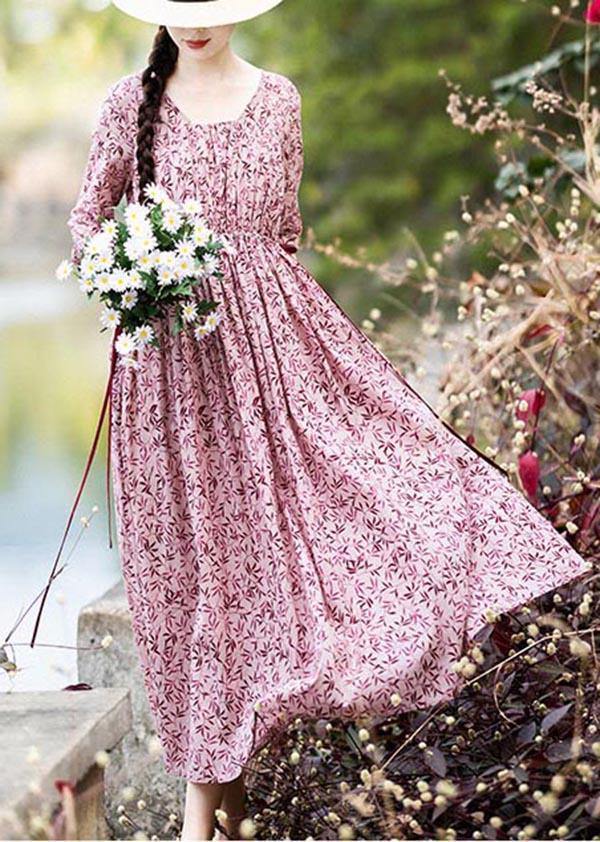 Pink Purple Print Cinched Cotton Pockets Summer Long Dresses