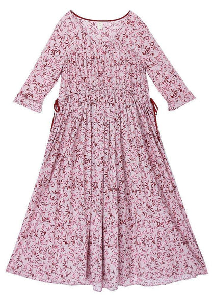 Pink Purple Print Cinched Cotton Pockets Summer Long Dresses