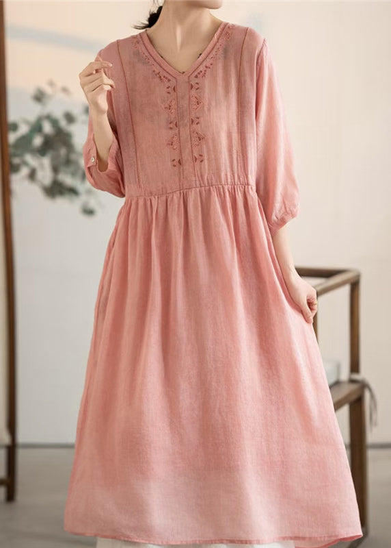 Pink V Neck Patchwork Linen Dresses Summer