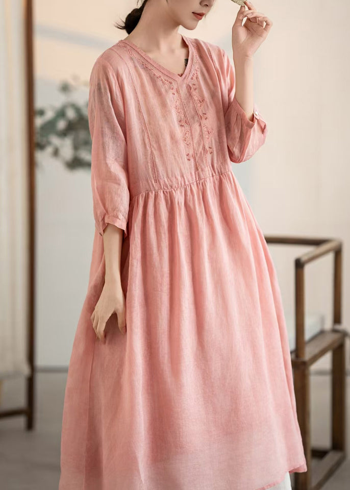 Pink V Neck Patchwork Linen Dresses Summer