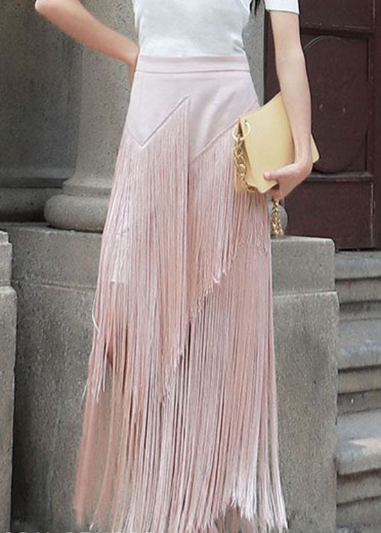 Pink Zip Up Tassel Patchwork Skirt Spring