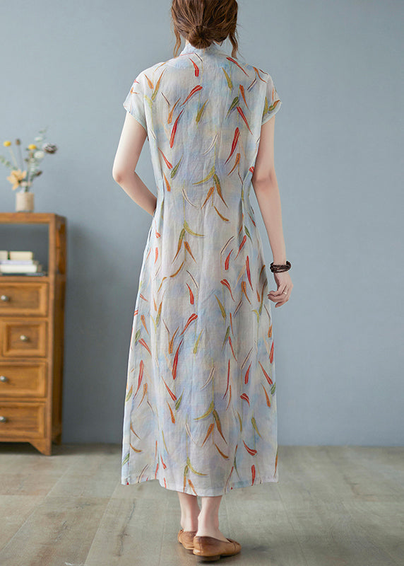 Print Tie Waist Linen Long Dress Summer