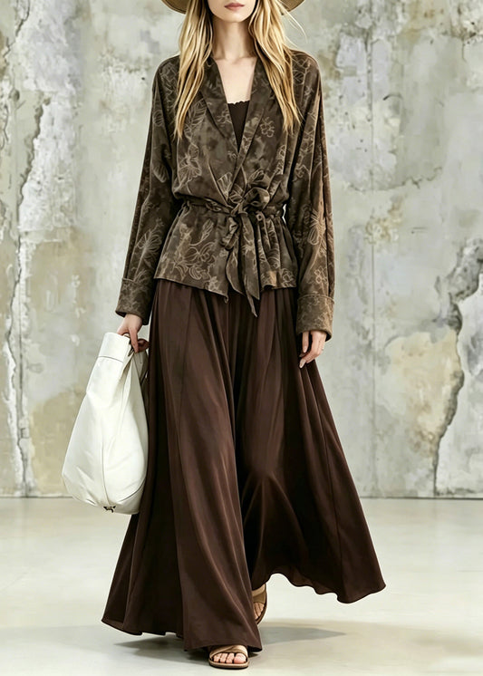 Print Tie Waist Shirt and Maxi Skirts Two Pieces Set Fall