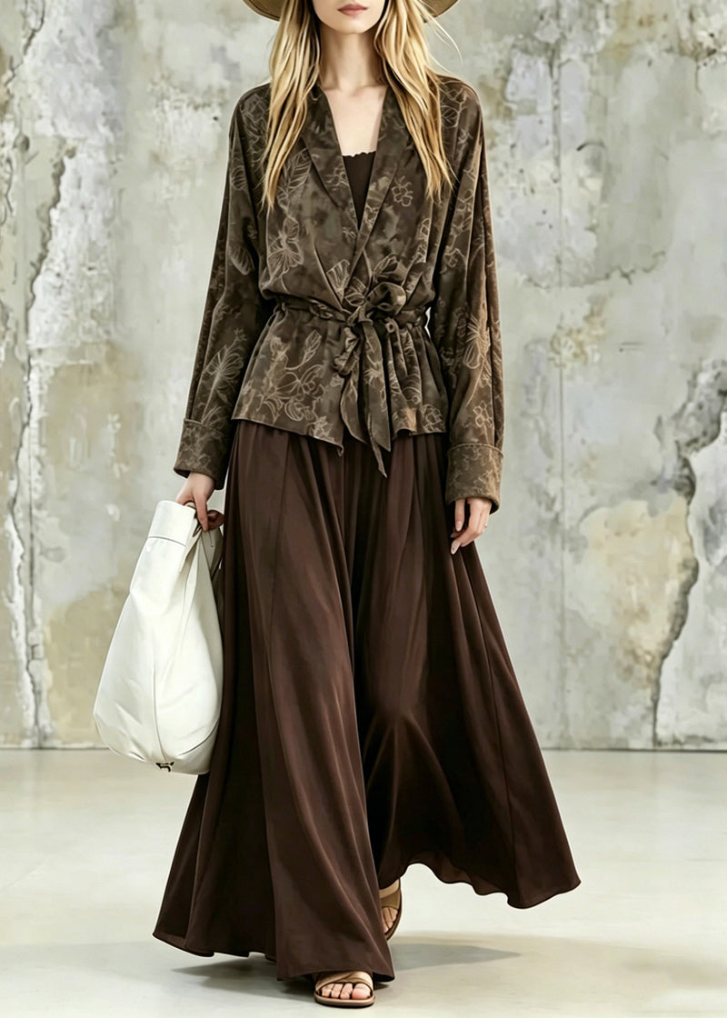 Print Tie Waist Shirt and Maxi Skirts Two Pieces Set Fall