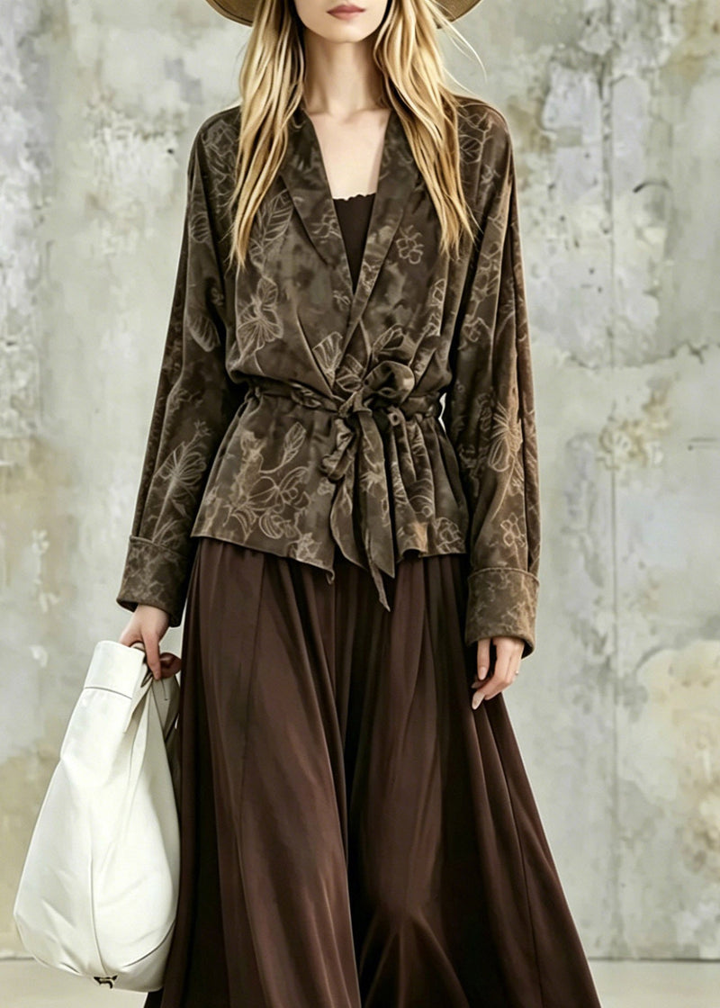 Print Tie Waist Shirt and Maxi Skirts Two Pieces Set Fall
