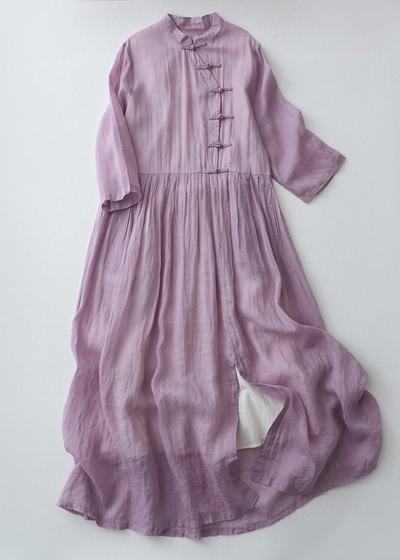 Purple Chinese Button Side Open Cotton Dresses Summer