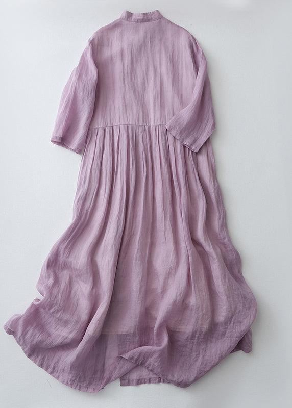 Purple Chinese Button Side Open Cotton Dresses Summer
