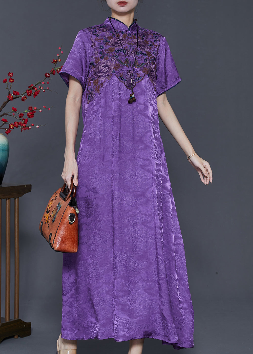 Purple Embroidered Jacquard Silk Vacation Dresses Summer