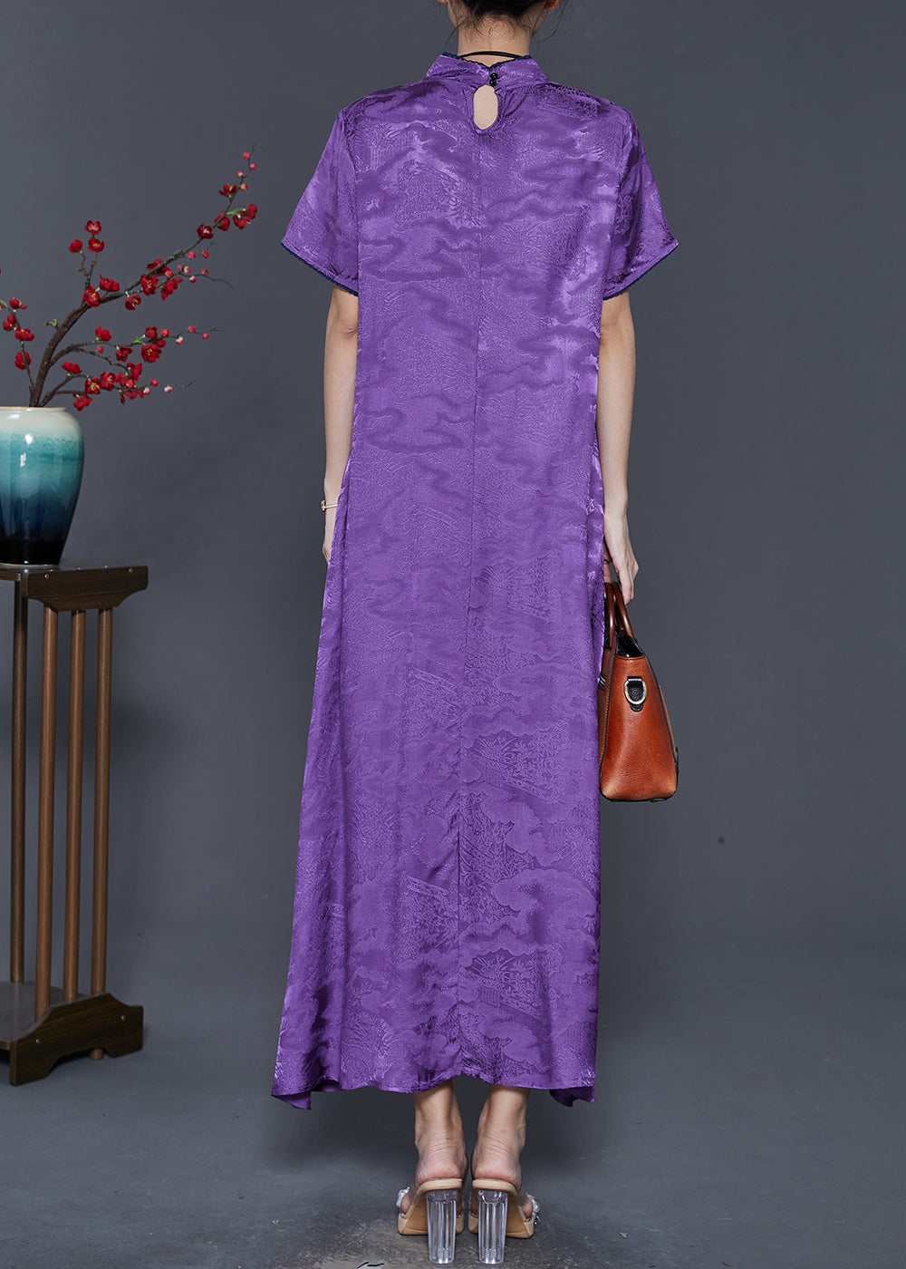 Purple Embroidered Jacquard Silk Vacation Dresses Summer