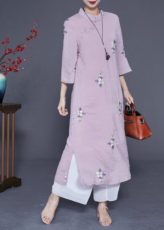 Purple Embroideried Chinese Button Linen Long Dresses Bracelet Sleeve