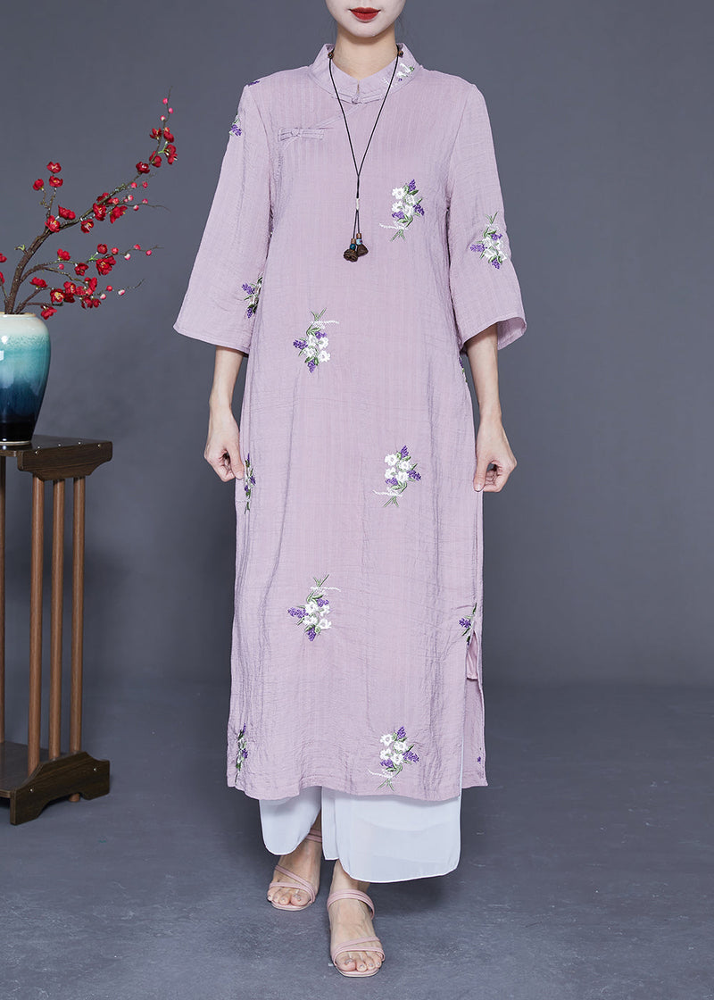 Purple Embroideried Chinese Button Linen Long Dresses Bracelet Sleeve