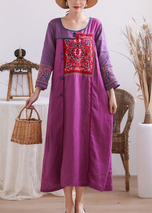 Purple Embroideried Chinese Button Patchwork Linen Long Dresses Summer