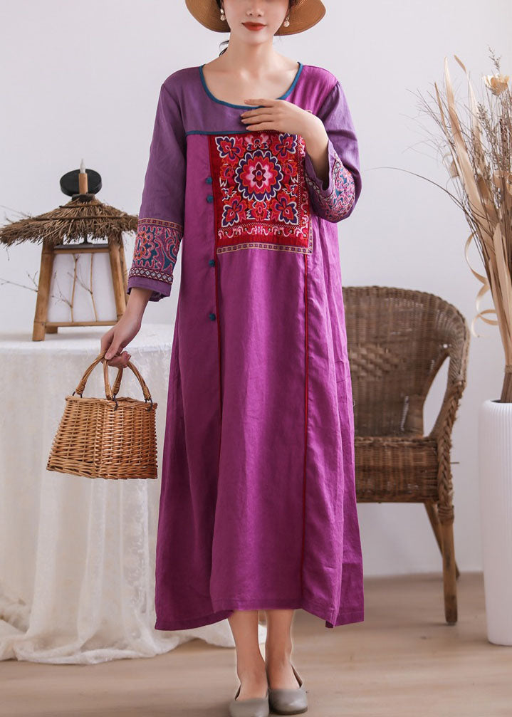 Purple Embroideried Chinese Button Patchwork Linen Long Dresses Summer