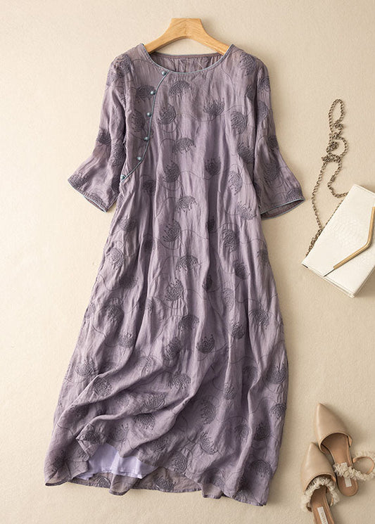 Purple O-neck Embroidered Patchwork Linen Dress Summer