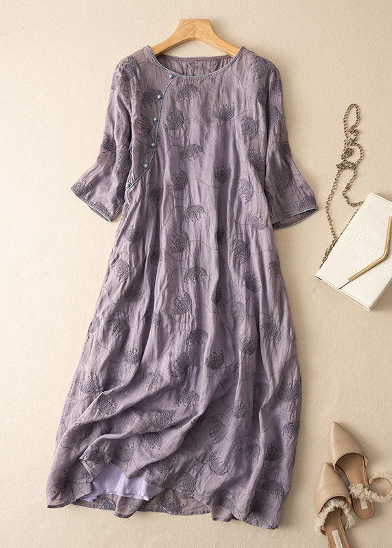Purple O-neck Embroidered Patchwork Linen Dress Summer