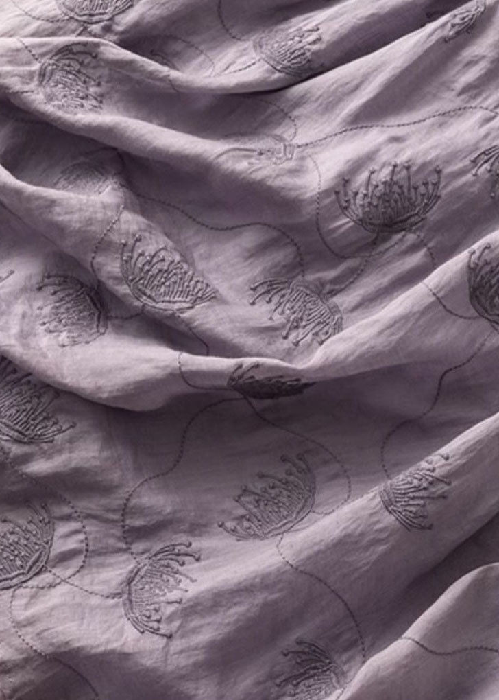 Purple O-neck Embroidered Patchwork Linen Dress Summer