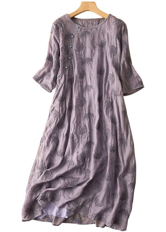 Purple O-neck Embroidered Patchwork Linen Dress Summer