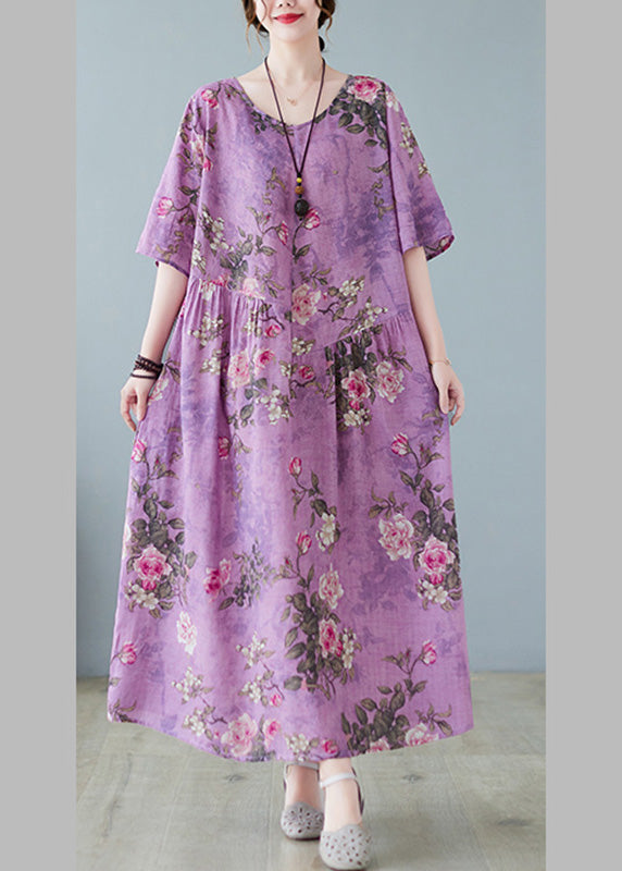 Purple O-neck Print Maxi Dress Summer
