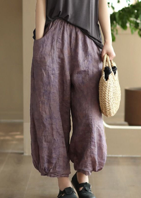 Purple Pockets Elastic Waist Linen Lantern Pants Summer