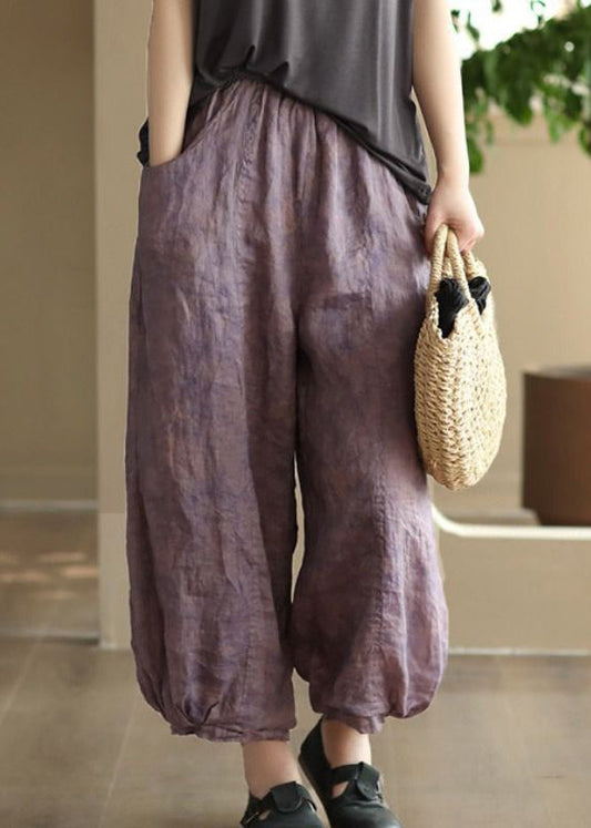 Purple Pockets Elastic Waist Linen Lantern Pants Summer