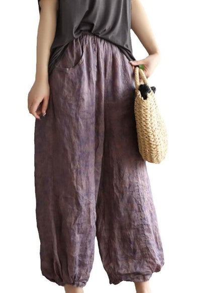 Purple Pockets Elastic Waist Linen Lantern Pants Summer