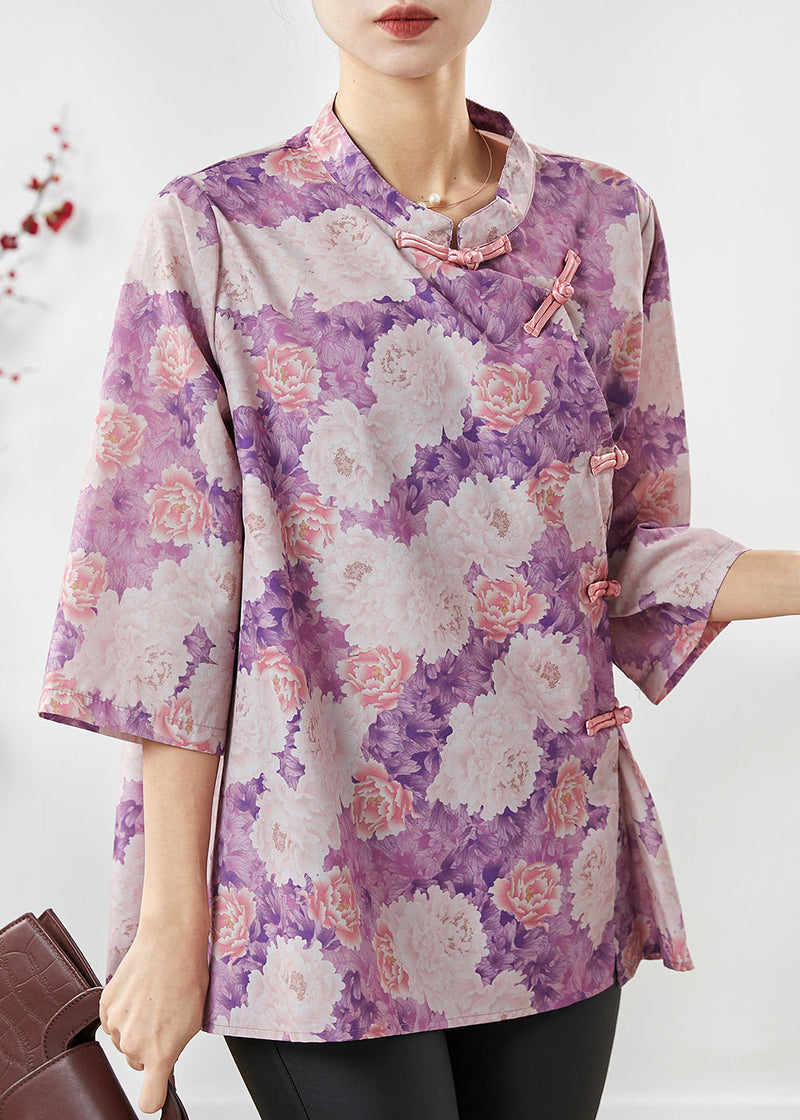 Purple Print Chinese Button Cotton Top Summer