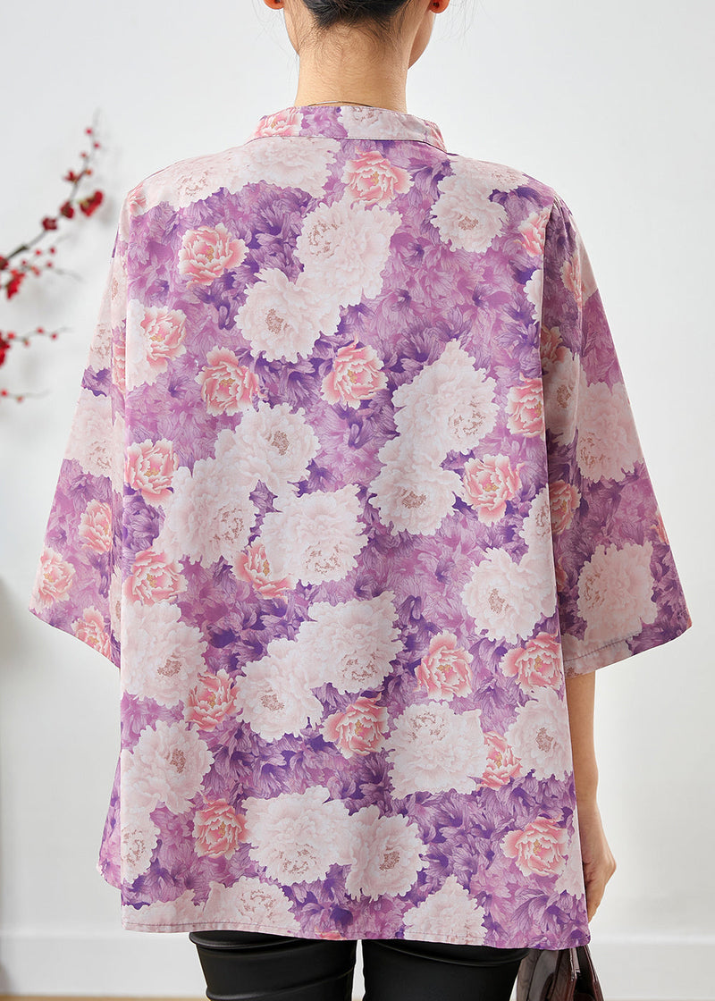 Purple Print Chinese Button Cotton Top Summer