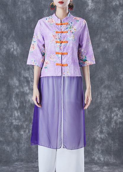 Purple Print Patchwork Chinese Button Linen Top Half Sleeve