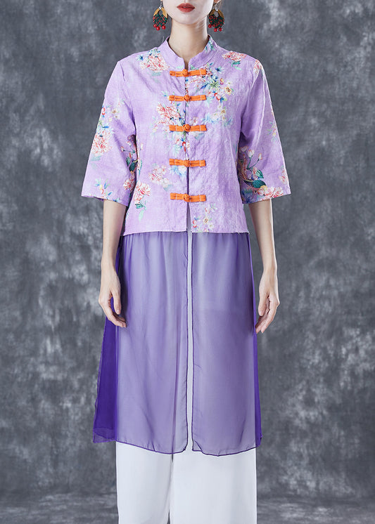 Purple Print Patchwork Chinese Button Linen Top Half Sleeve