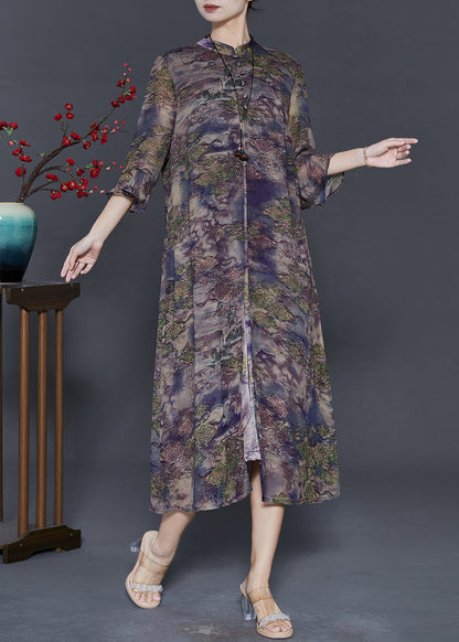 Purple Print Silk Fake Two Piece Dresses Bracelet Sleeve