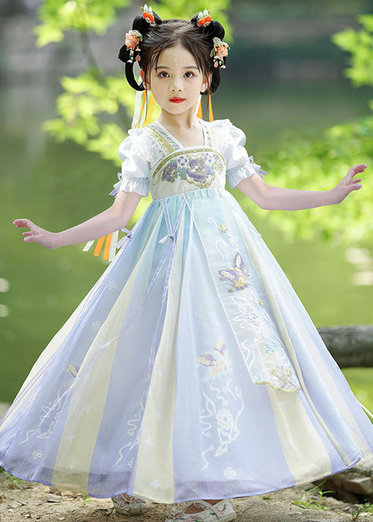 Purple Ruffled Embroideried Patchwork Chiffon Kids Dress Summer