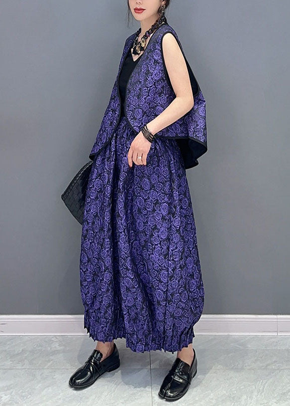 Purple Sleeveless Vest Tops and Pants Cotton Two Piece Set Clothing