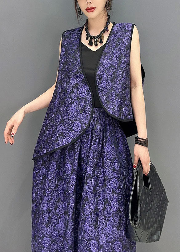 Purple Sleeveless Vest Tops and Pants Cotton Two Piece Set Clothing