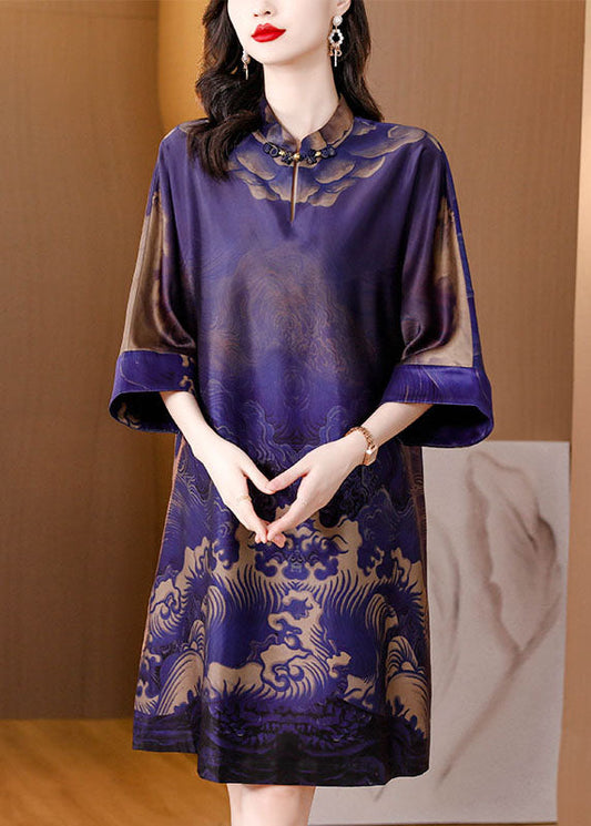 Purple Stand Collar Print Patchwork Silk Mid Dress Summer